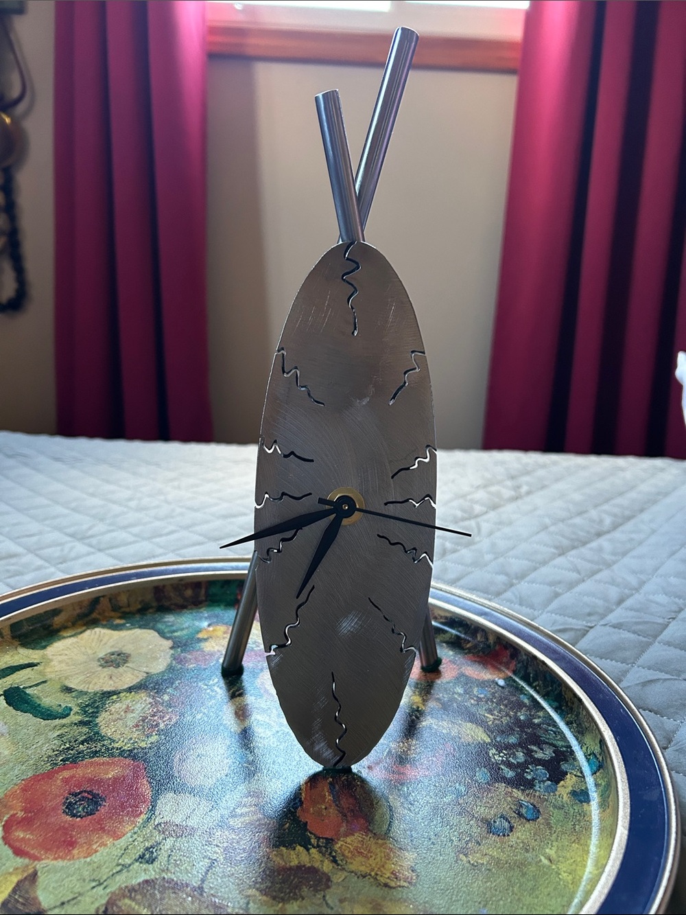 Modern Sculptural gallery Metal Table Clock in Brushed Silver